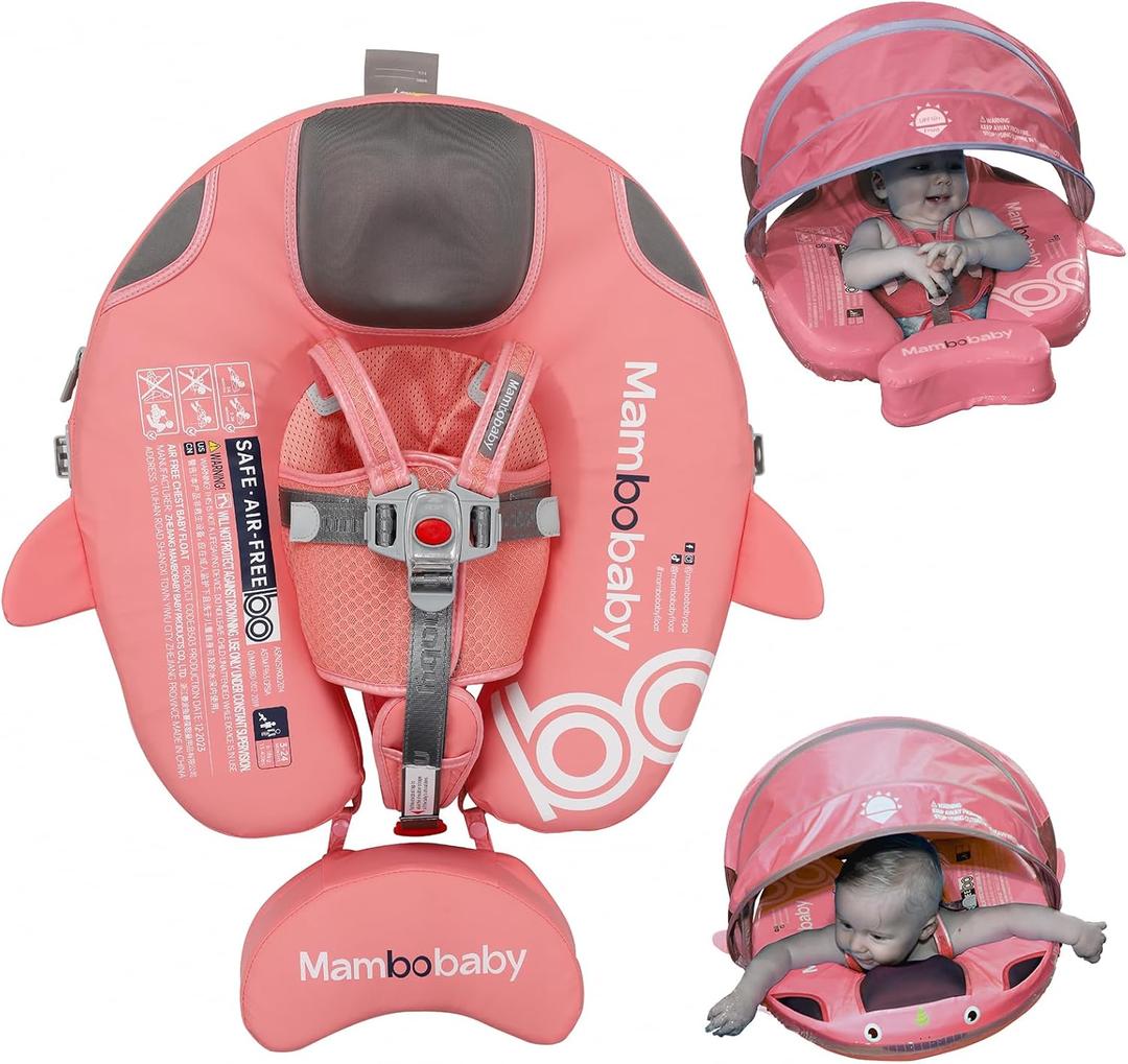 Baby Pool Float with UPF50+ 3D Adjustable Canopy, Add Tail Mambobaby Float Non Inflatable Infant Floats for Pool, Cartoon Narwhal Baby Floats (NPink with Canopy-U05NPCTLUROHML01U05), 3-24 months