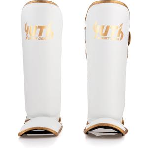 Gold Line Shin Guards | Muay Thai Shin Guards | Lightweight Durable Shinguards Muay Thai | Padded Adjustable Muay Thai Leg Guards Kickboxing, MMA Sparring Training (L, White/Gold)