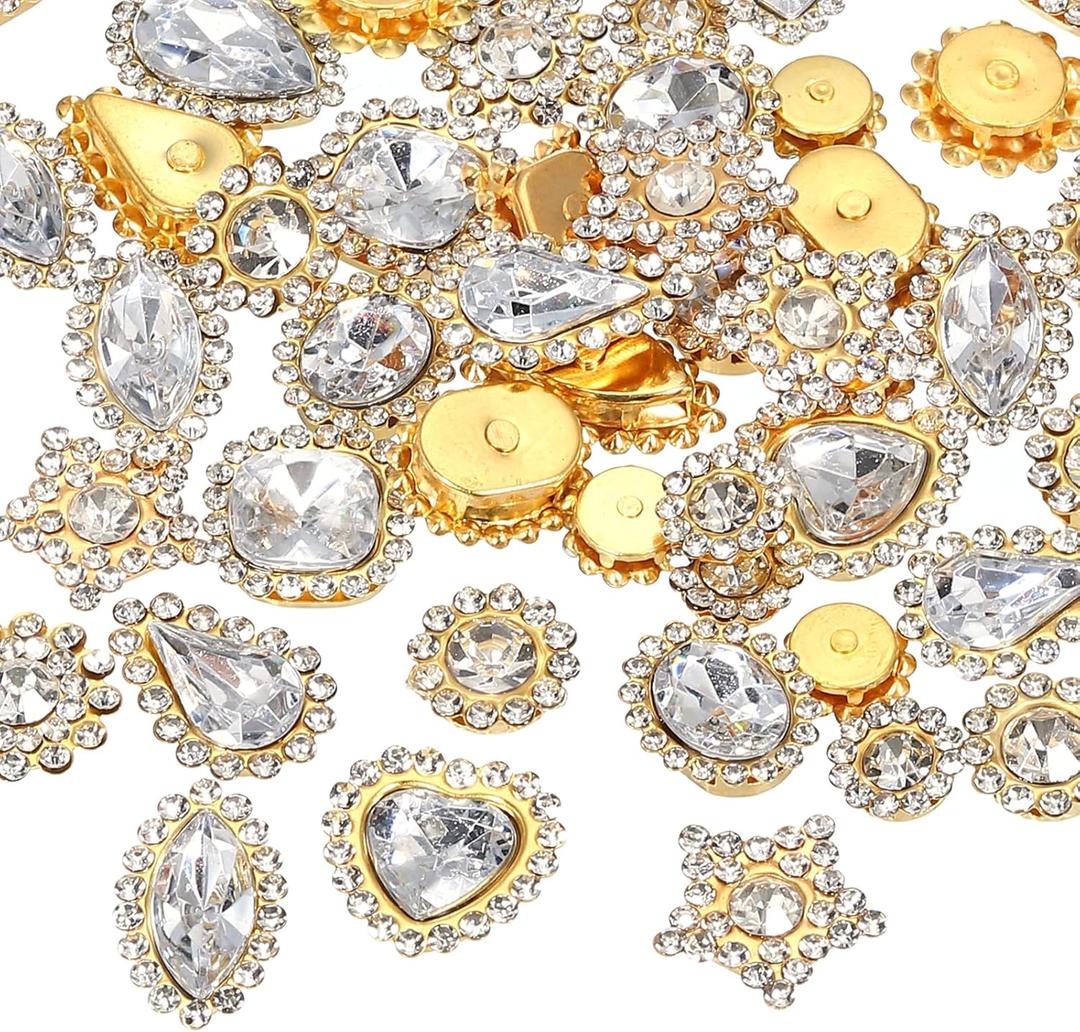 PATIKIL Sew on Rhinestones Crystals, 100 Pcs Mixed Shapes Glass Gems Metal Base Flower Claw Rhinestones for Craft Shoes Dress Clothes Belt Sewing Decoration, White (0.35"-0.75")