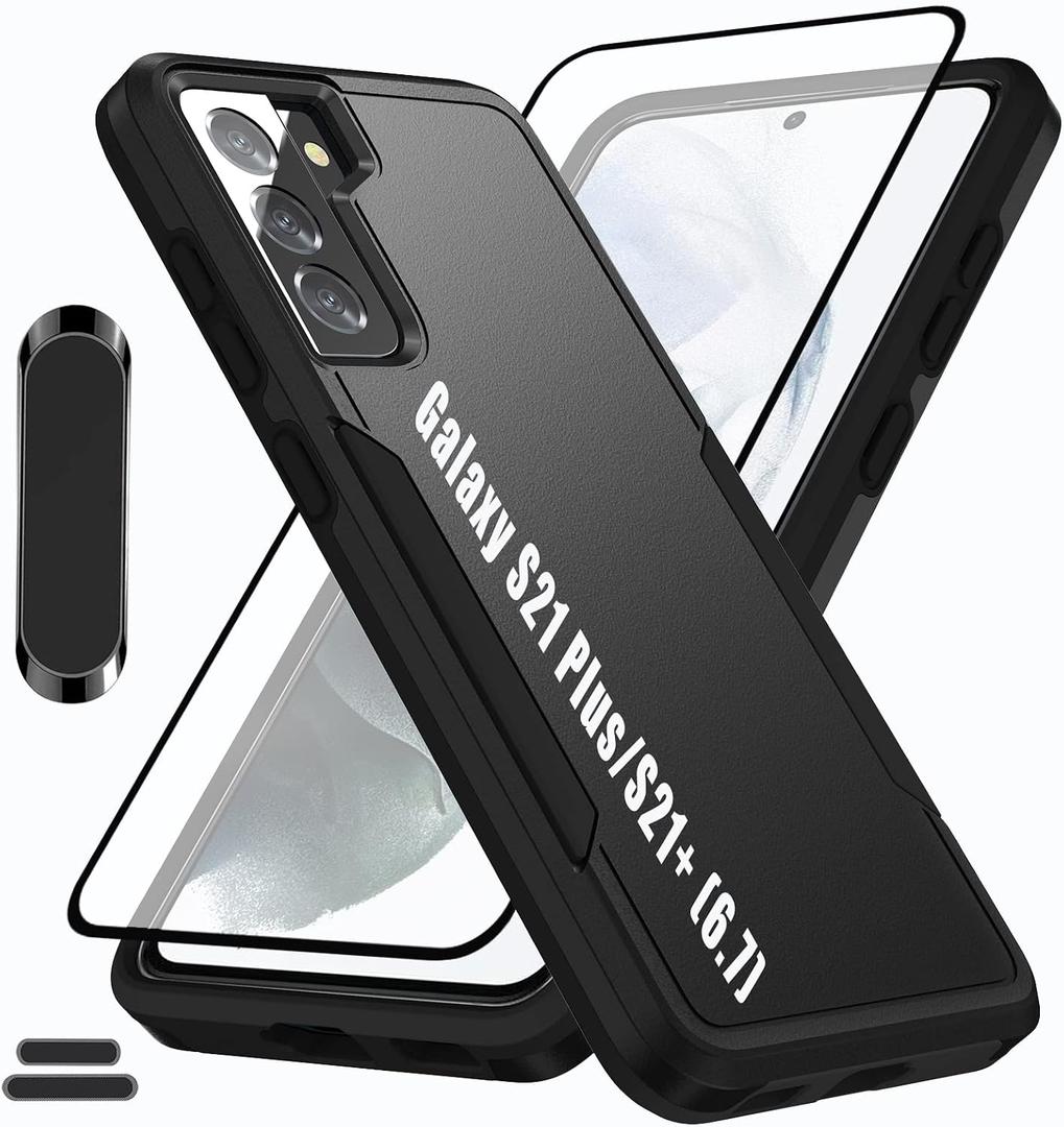 for Galaxy S21 Plus/S21+ 6.7 Inch Double Layer Hybrid Military Grade Rugged Shock Resistant Drop Case with 1 PCS Magnetic Car Mount and 1 PCS HD Tempered Glass Screen Protector (Black)