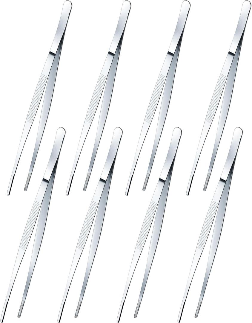 Yaomiao 8 Packs 12 Inch Bar Tweezers Silver Cocktail Tongs Long Garnish Tweezers Stainless Steel Bartender Kitchen Cooking Tongs for Cocktail Food Fruit Korean BBQ Bartender Chef, Multi-use