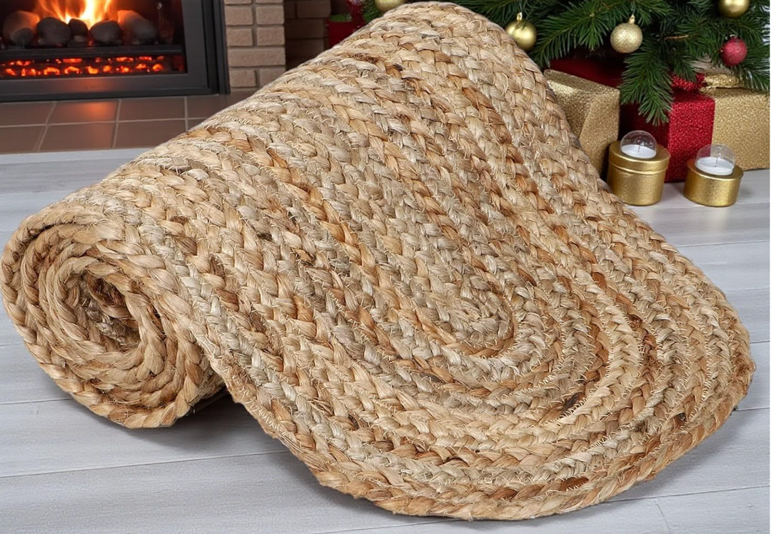 Pack of 1 Handwoven Oval Jute Braided Table Runner 13 x 36 Inch, 100% Natural Reversible Farmhouse Rustic Vintage Dining Table Runner for Home Decor, Kitchen, Indoor & Covered Door Entrances