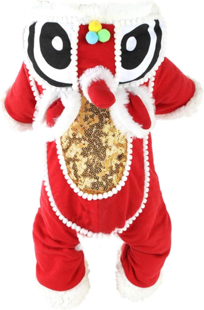 SEIS Lion Dance Dog Four-Legged Costume New Year Pet Clothes Cute Cat Tang Suit Winter Teddy Hoodies for Cats Teddy Bichon Small Medium Dogs (M (Chest Circumference 54cm/ 21.2"))