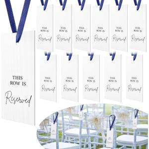 Clabby 12 Pack Reserved Chairs Signs with Ribbon for Wedding Reception Party Restaurant This Row Is Reserved Signs Hanging for Wedding Church Events Pews Chair (Navy Blue)