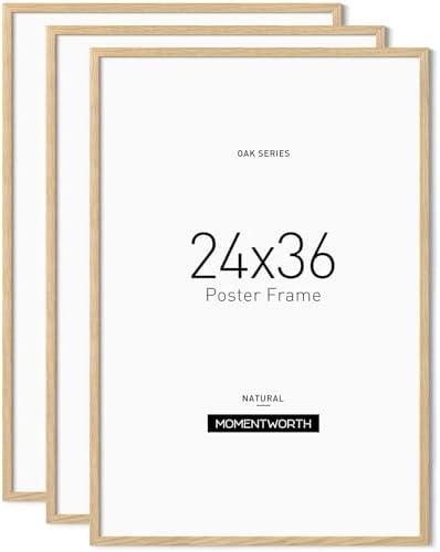 Momentworth Minimalist 24x36 Poster Frame Set of 3, Solid Oak Wood 24x36 Frame for Wall Mount - Wall Decor for Home, Office & Galley (Pack of 3 , Oak)