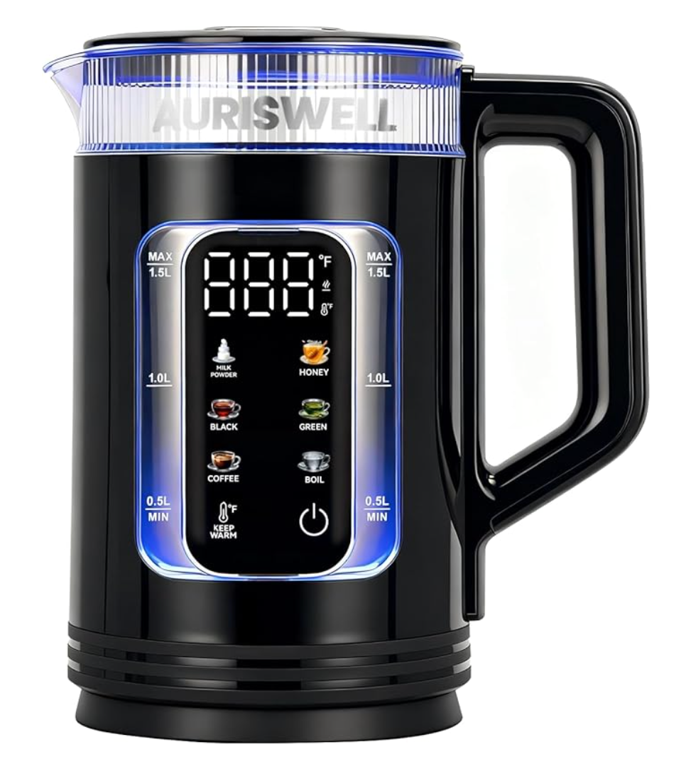 Auriswell, Electric Tea Kettle with Temperature Control, Glass smart Water Boiler for Tea, Coffee & Boil, Automatic Shut Off, 12h Keep Warm & One-Touch 6 Presets (Black)