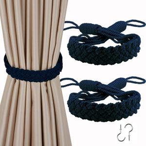BEL AVENIR Curtain Tiebacks Ropes Hand-Woven Weave Braid Ties Handmade Home Office Decorative Holdbacks with 2 Metal Screw Hooks (Navy)