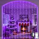JMEXSUSS 300LED Purple Christmas Lights with Remote, Curtain Hanging Light Plug in, 8 Modes Purple String Lights for Bedroom Window Wall Party Backdrop Halloween Christmas Carnival Decorations