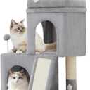 24inch Tall Cat Tree with 2 Cat Condo and Mouse Toy Cozy Small Cat Tower with Scratching Post and Board for Kitties and Small Cats.Light Grey (22 * 13 * 28)