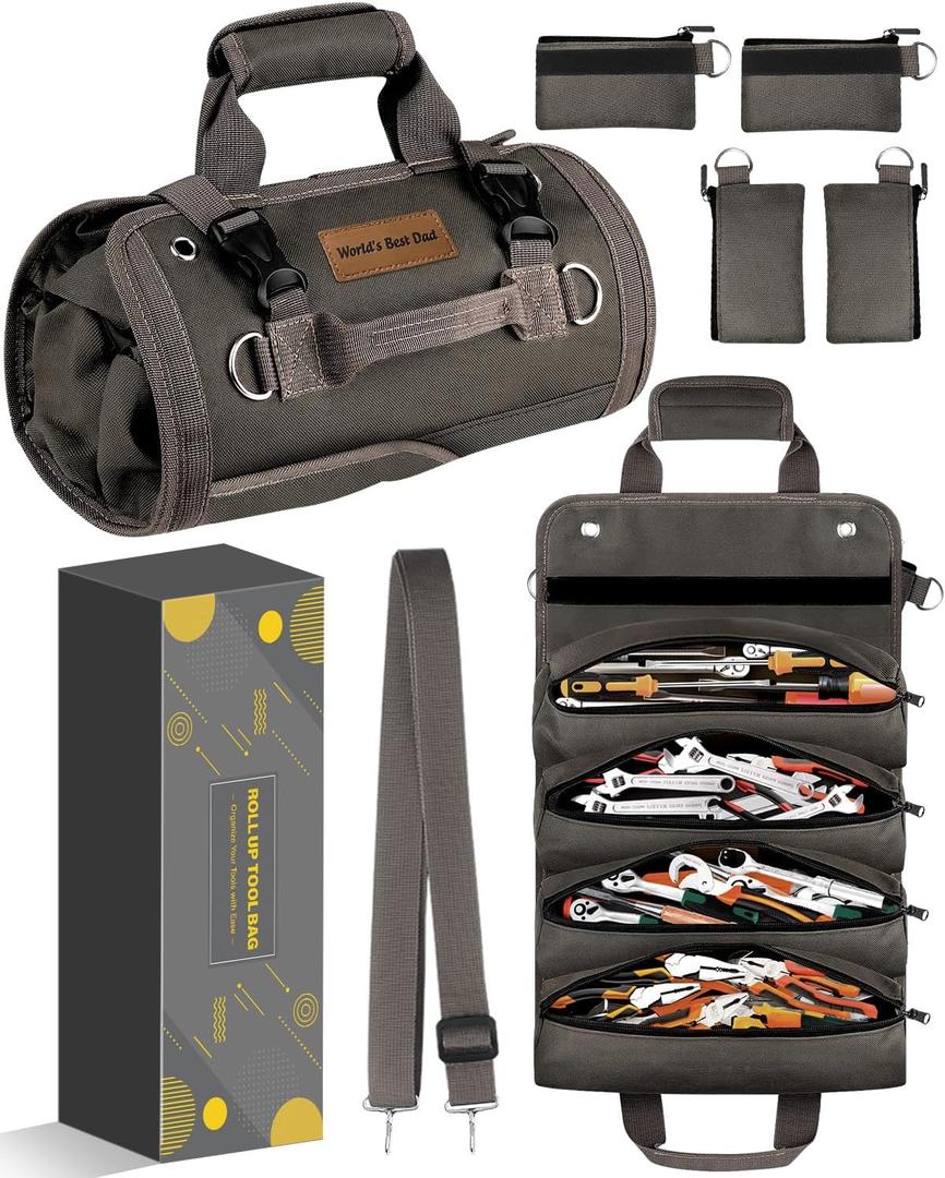 Tool Bag Roll Up Organizer: Gifts for Dad Christmas Birthday Present Stocking Stuffers Fathers Day Idea Mechanic Electrician Gifts for Men Plumber Handyman Gardening Motorcycle Car Truck Accessories (Grey_with "World's Best Dad" patch)