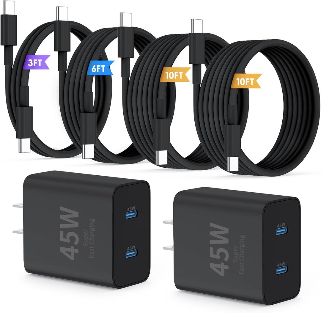 QZIIW Super Fast Samsung Charger Type C,45W Dual Port USB C Fast Charger Block [2-Pack] & Extra Long 60W 3/6/10/10FT USB C Cable - PD Quick Charging 3.0 For Samsung Galaxy S25 Ultra/S24+/S23 iPhone 16