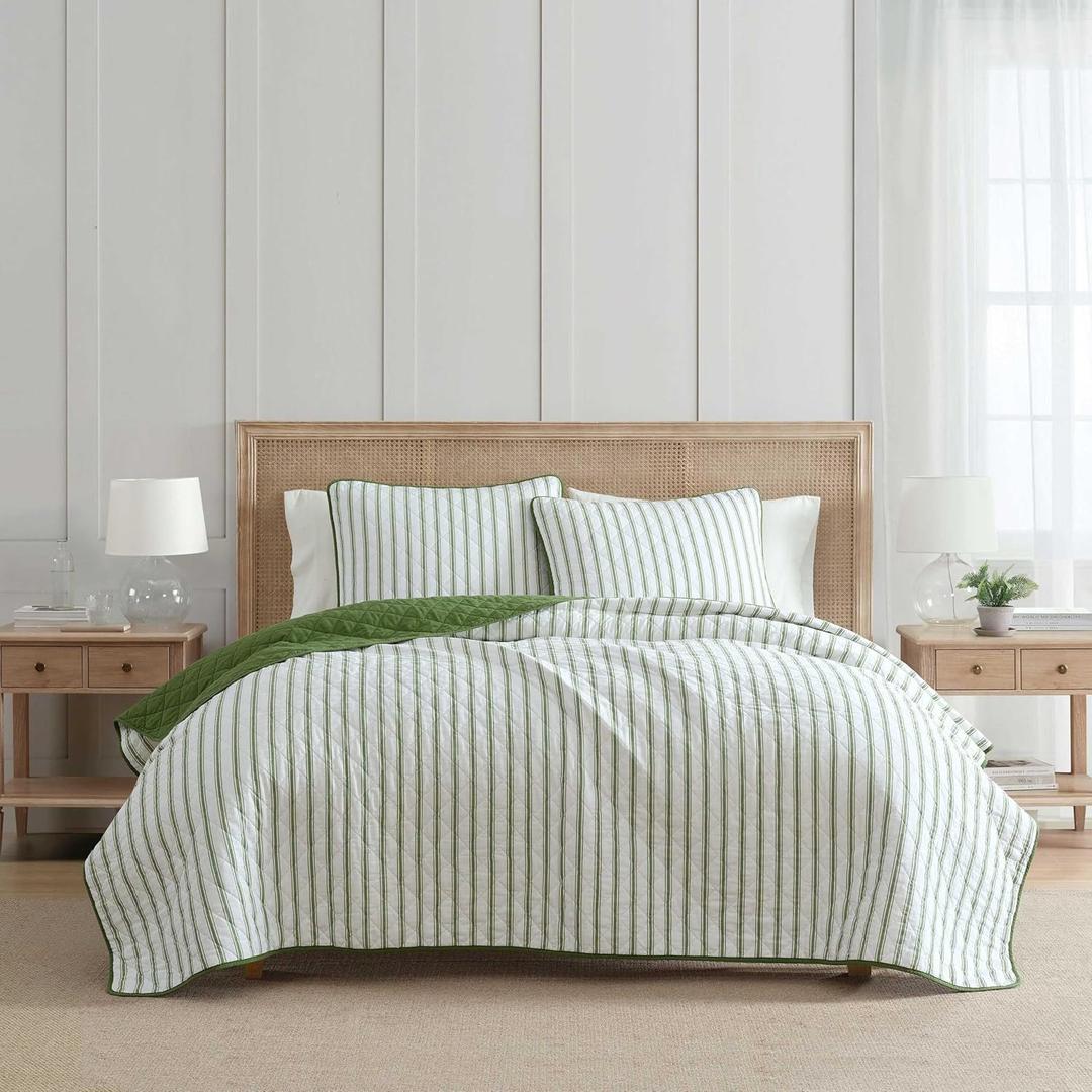 Martha Stewart - Twin Quilt Set, 100% Soft & Breathable Bedding with a Lightweight Feel for Year Round Comfort, 2 Piece Bed Set with Matching Pillowcase (Ticking Stripe Green)