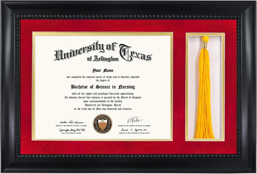 GMFrames 8.5x11 Diploma Frame with Tassel Holder, Solid Wood & Tempered Glass, Red over Gold Mat, Black Finish with Intricate Black Rope Detail, 11x17 for 8.5x11 with Tassel