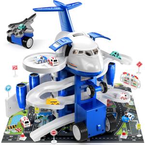 TEMI Kids Airplane Car Toys Race Tracks - Transport Airplane Adventures - 2-6 Boys & Girls - 8 City Cars, Garage Parking Lot Playmat, Birthday Gifts