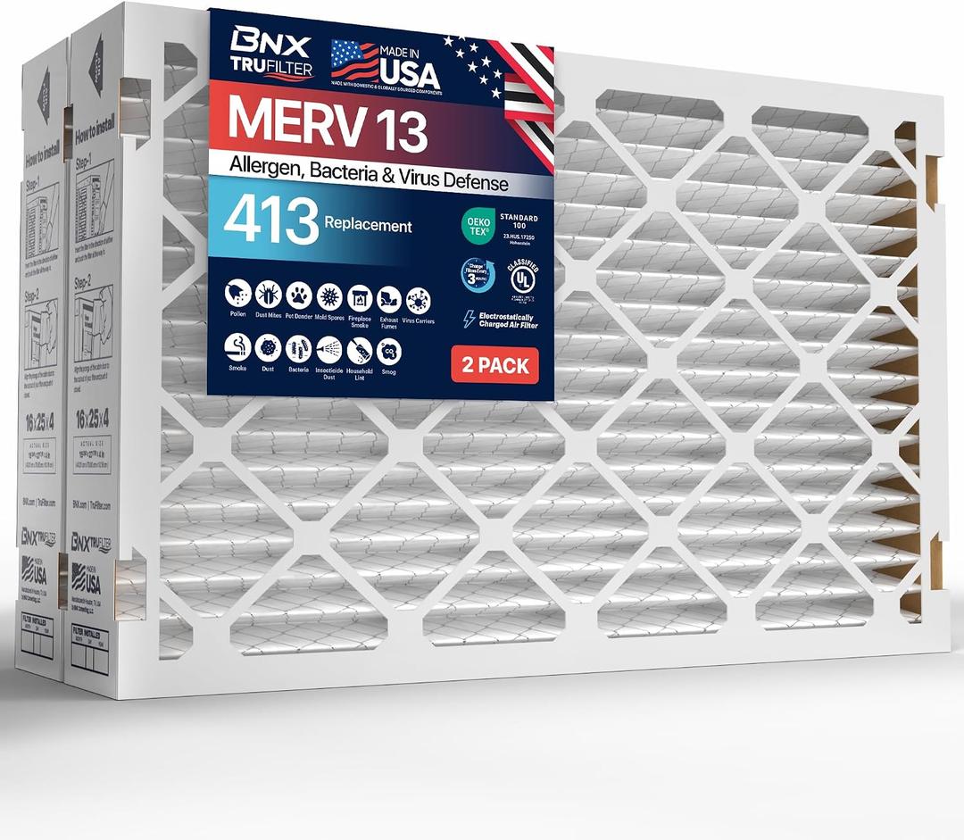TruFilter Compatible with AprilAire 413 Replacement Filter for AprilAire (2-Pack) - MERV 13 - MADE IN USA - HVAC AC Furnace Filters Allergies, Mold, Bacteria, Smoke, MPR 1900 FPR 10 Air Filter 16x25x4