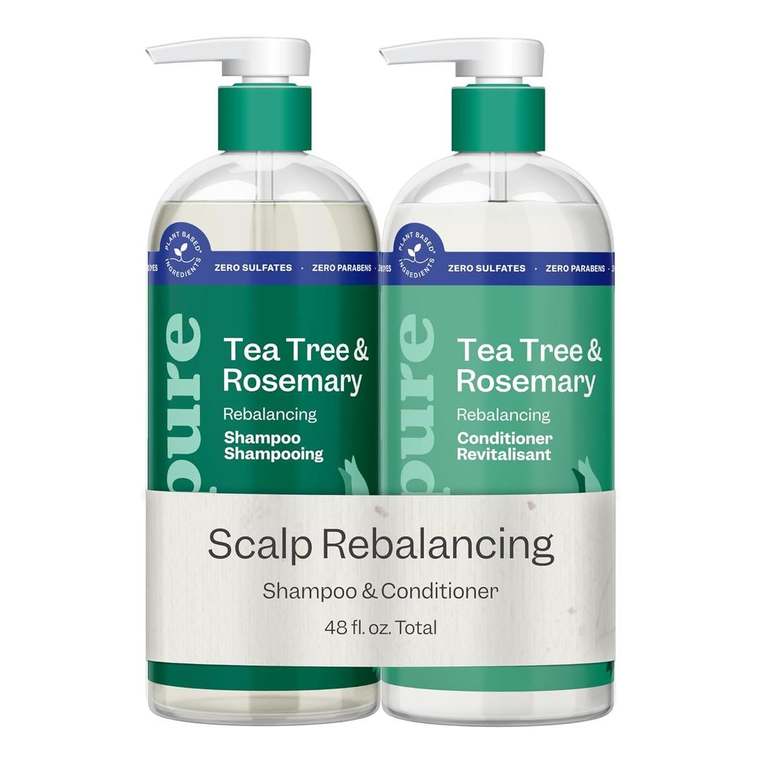 Renpure Tea Tree & Rosemary Shampoo and Conditioner Set, Plant Based - Refreshes & Rebalances Hair and Scalp - For Oily/Normal Hair - Tea Tree Leaf Oil, Rosemary Leaf Extract - 24 Fl Oz each, 2 Pack (Green)