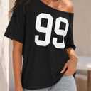 LilyCoco Womens Off The Shoulder Graphic Tees Casual Short Sleeve Asymmetrical Top Black X-Large