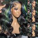 Blue Green Highlight Lace Front Wigs for Women Pre-plucked Hairline Glueless 13X4 Inch Synthetic Lace Front Wig with Baby Hair Long Loose Body Wave Wigs for Daily Party Wig