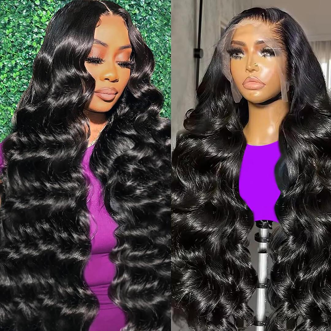Body Wave Lace Front Wigs Human Hair 13x4 Full HD Lace Frontal Wig 200% Density Glueless Wigs Human Hair 13x4 Full Lace Frontal Wig Pre Plucked with Baby Hair Natural Black for Women 24 Inch