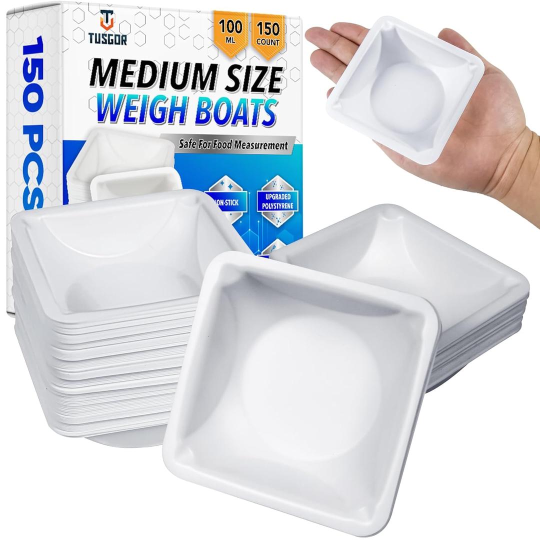 [Premium] 150 Disposable Medium Weigh Boats  100ml Square Plastic Trays Made for Weighing Powders, Epoxy, and Food Samples with High Precision, Anti-Static Polystyrene Containers for Lab Kitchen