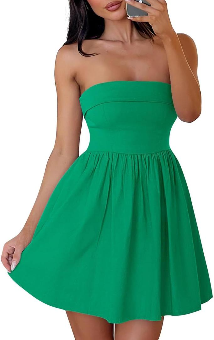 ZESICA Women's Summer Strapless Mini Dress 2026 Casual Off Shoulder A Line Swing Boho Beach Vacation Party Short Dresses (Green, XL)