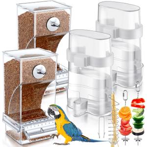 7 Pcs No Mess Bird Feeders Set Automatic Clear Parrot Feeder and Watered Dispenser Cage Accessories Stainless Steel Parrot Fruit Vegetable Skewer Foraging for Lovebirds Budgies Canary Finch
