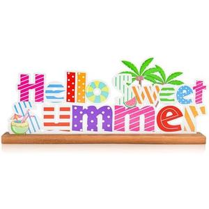 Hello Sweet Summer Metal Table Decor Summer Rustic Metal Sign Holiday Tiered Tray Table Centerpieces Decor with wooden Base for Party Supplies, Pack of 2