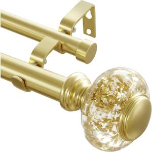 Gold Double Curtain Rod For Windows 28 to 48 Inch, 1 Inch Diameter Heavy-Duty Adjustable Dual Curtain Rod with Decorative Gold Foil Finials, Double Curtain Rod for Bedroom and Living Room