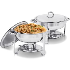 SUPER DEAL Upgraded 5 Qt Full Size Stainless Steel Chafing Dish Set of 2 Pack Round Chafer Buffet Catering Warmer Set w/Food and Water Pan, Lid, Solid Stand and Fuel Holder