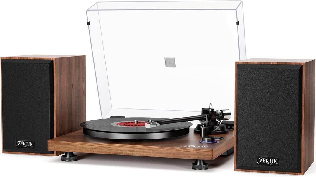 FEKTIK Record Player with Magnetic Cartridge, Bluetooth Belt Drive Vinyl Turntable High Fidelity System with 36 Watt Bookshelf Speakers, Built-in Phono Preamp, USB Recording and Auto Stop