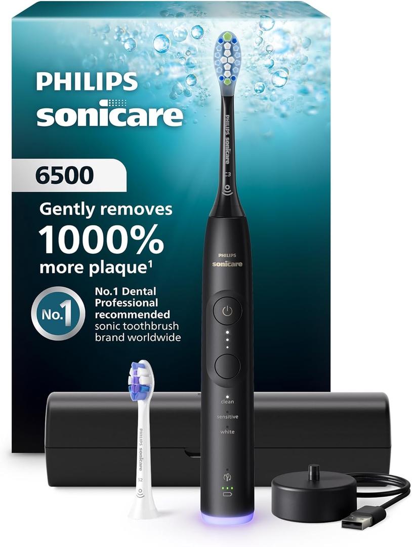 Philips Sonicare 6500 Series Electric Toothbrush - Next-Generation Sonicare Technology, Pressure Sensor, 9 Brushing Settings, SmarTimer, BrushPacer, 21-Day Runtime, Travel Case, Black, HX7411/08