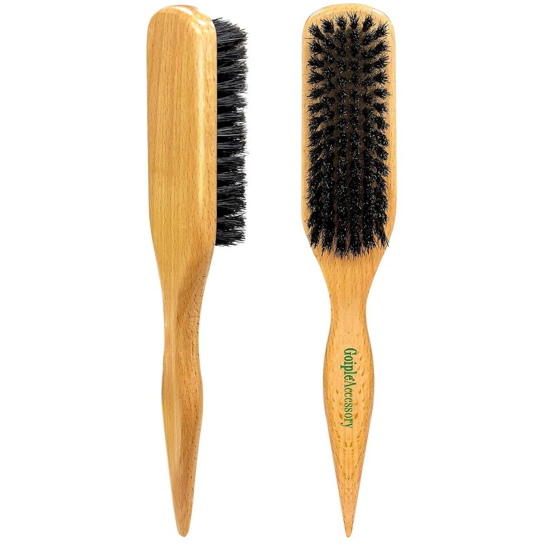 2PCS Boar Bristle Hair Brush Slick Back Hair Brush for Sleek Ponytail Bun & Smoothing Baby Hairs- Soft Smoothing to Style, Polish & Lay Hair Down Flat- Wooden Brush Teasing Hairbrush for Men Women