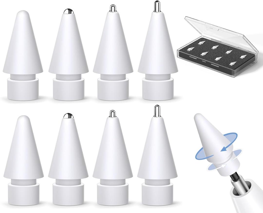 Inesore 8 Pack for Apple Pencil Tips Replacement Accessories,Compatible with Apple Pencil Pro/2nd Generation/1st Generation/USB-C,iPencil Nibs for iPad Pro/Air/Mini (White Metal Nib)