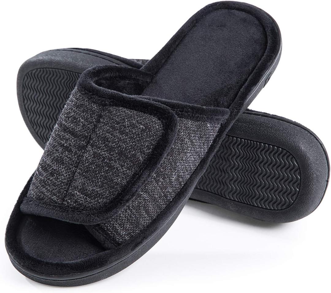 DL Adjustable Men's Memory Foam Slippers, Comfy Indoor Outdoor, Breathable Slide Bedroom Slippers Size 7-14 (11-12, Black)