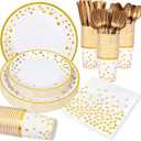 Supernal 350pcs White and Gold Plates & Napkins Party Supplies,10inch Birthday Plates 7inch White and Gold Paper Plates Gold Plastic Forks,Knives,Spoons,White Napkins Cups Served 50 Guest for Birthday