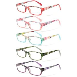 Kerecsen Reading Glasses 5 Pairs Fashion Ladies Readers Spring Hinge with Pattern Print Eyeglasses for Women (Mix Color -8, 4.50)