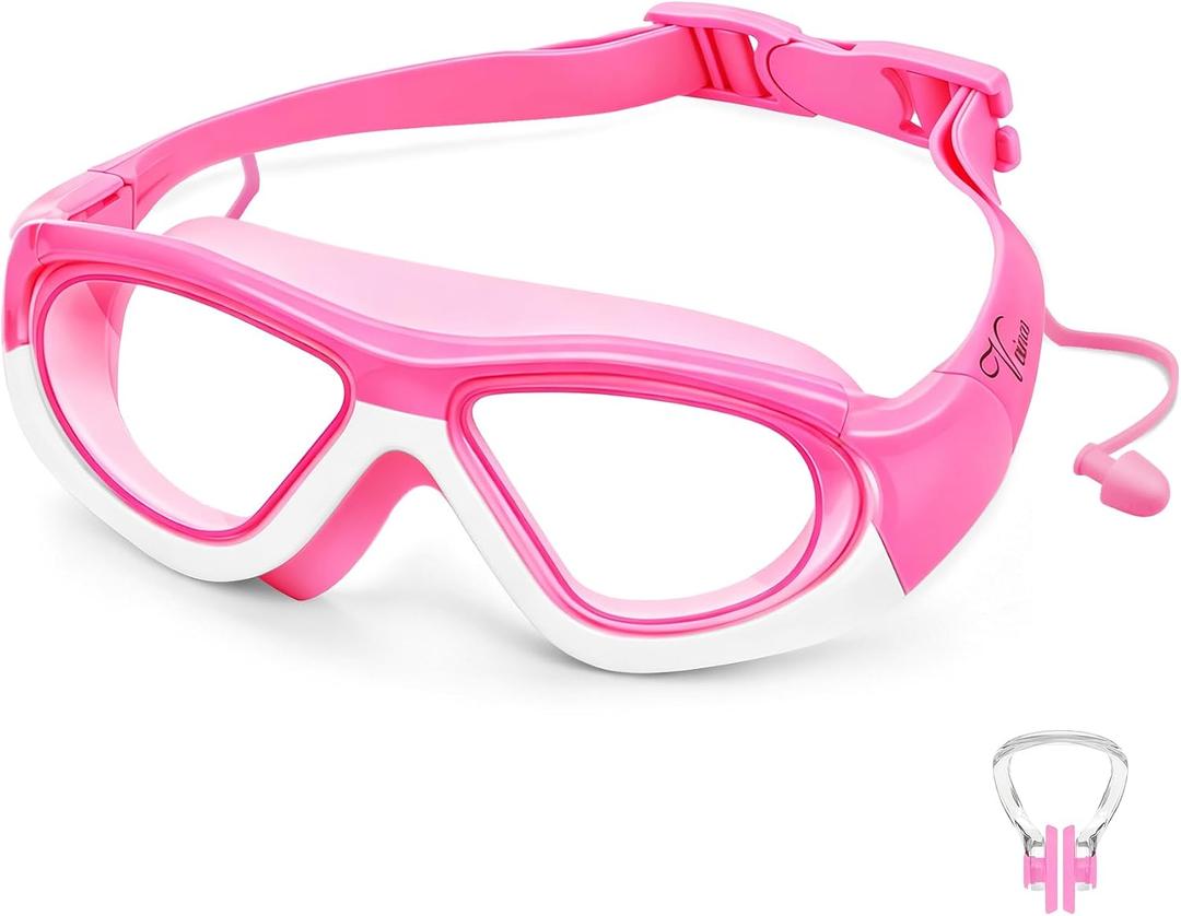 Vvinca Kids Swim Goggles for Kids 3-12, Upgraded Design with Ear & Nose Plug, Wide View Anit-Fog No Leak Water Pool Goggle (Pink)