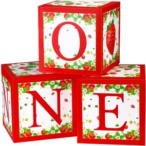 Spakon Strawberry One Balloon Boxes Shortcake Birthday Party Decorations 1st Birthday Party Supplies Strawberry Balloon Blocks Backdrop for Girl Berry First Birthday Supplies