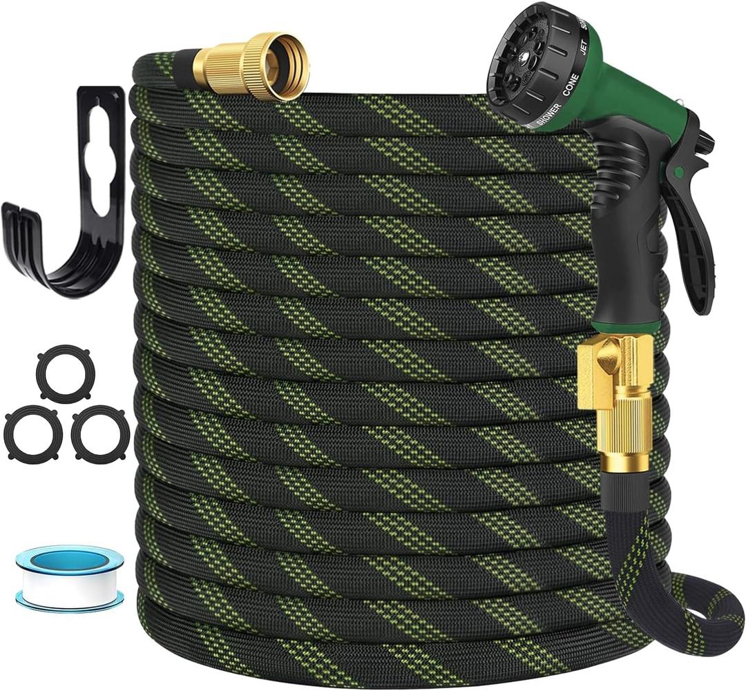 Garden Hose Non-Expandable 50 ft, Lightweight Flexible Water Hose with 10 Function Spray Nozzle, Outdoor Leak Proof, Kink-Free, Portable Hose for Yard, Lawn, Camper, High-Density Fabric, Black Green
