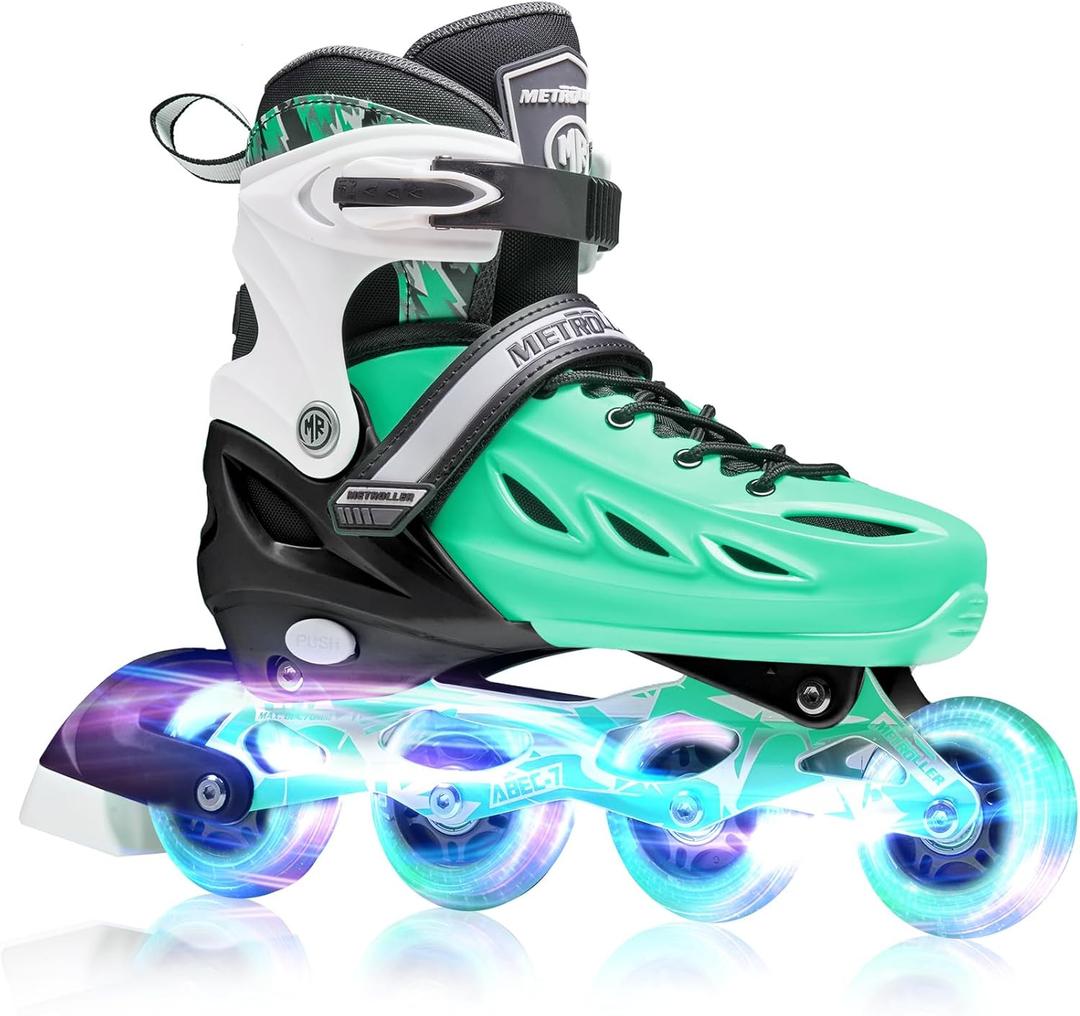 METROLLER Inline Skates for Girls and Boys, Women, Men 4 Sizes Adjustable Inline Skates with Light Up Wheels, Illuminating Beginner Skates for Kids 5-8 . (Mint) XL