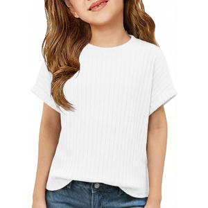ZDC Girls Short Sleeve T Shirts Kids Summer Textured Tops Crewneck Casual Tee 5-14 Years (White)