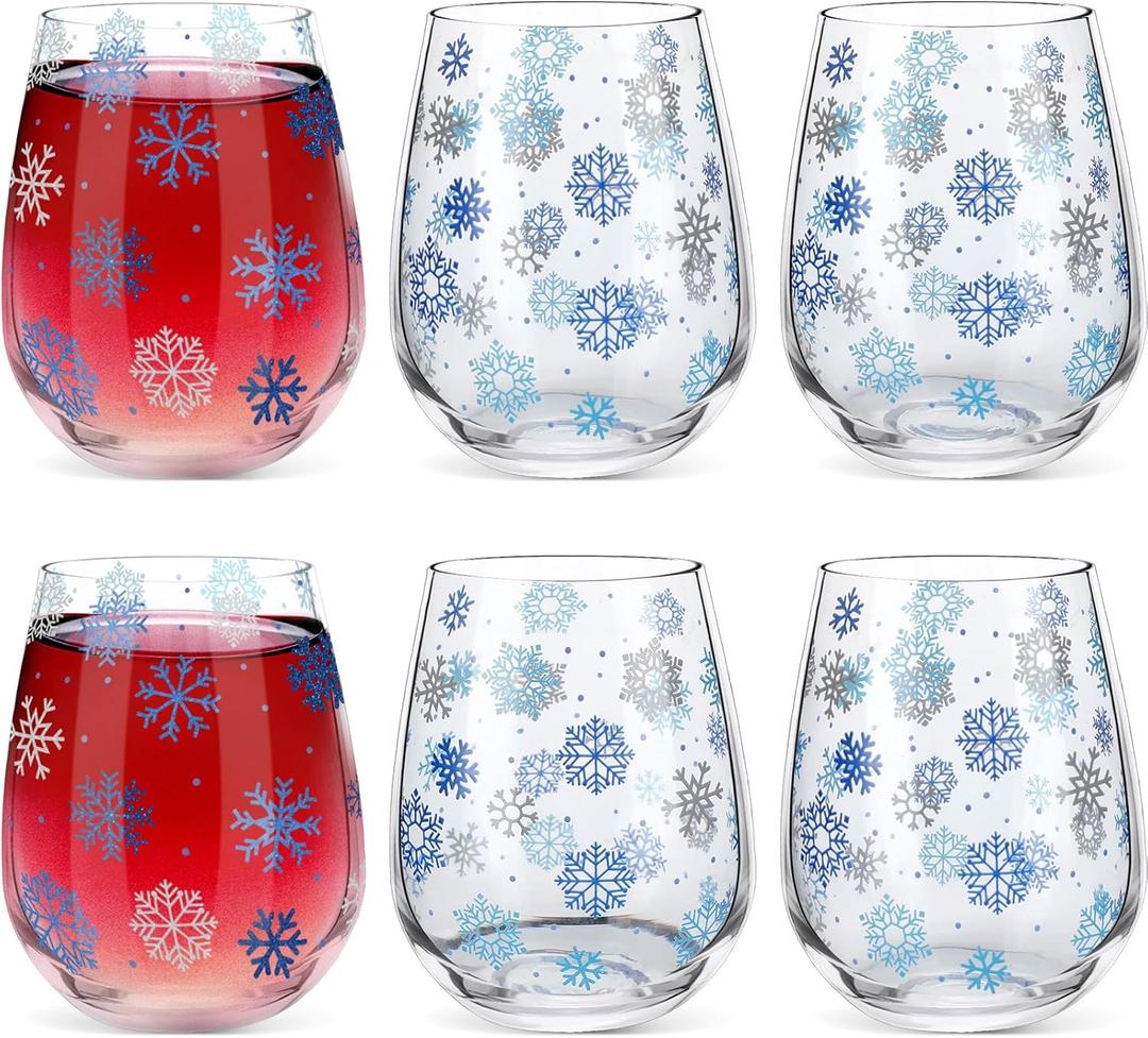 6 Pcs Snowflake Wine Glasses Set 19 oz Winter Stemless Drinking Glasses Blue and White Snowflake Wine Glass Holiday Tumbler Cups for Winter Gifts Coffee Tea Party Supplies
