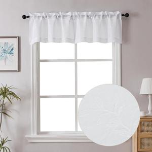 Chyhomenyc Mila White Valances for Windows 2 Pack, Small Window Curtains for Living Room Bathroom Laundry Basement, Modern Rod Pocket Semi Sheer Jacquard Leaf Curtain, 30Wx14L inches, White