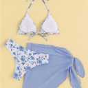 SHENHE Women's 3 Piece Polka Dots Floral Bikini Set with Wrap Coverup Halter Triangle Swimsuits (Blue, XS)