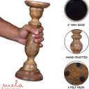 Mela Artisans Medium Polish Hand Carved Wooden Pillar Candle Holders - Set of 3 | Tuli Decorative Style | Crafted from Mango Wood | Rustic Table Centerpiece Decor | Sized 6", 9" and 12"
