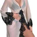Womens Dressing Gowns See Through Long Kimono Morning Robe Lace Trim Sleepwear Plus Size Loungewear (White)
