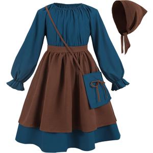 FCCAM Colonial Dress Girls Round Neck Pioneer Costumes with Purse Blue Little House On The Prairie Dress (Medium, Navy)