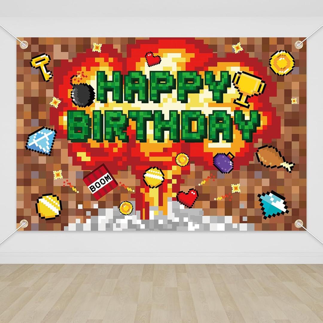 Pixel Style Happy Birthday Backdrop, 150x100cm/5x3.3ft Giant Video Game Theme Party Banner Background Colorful Boom Art Wall Decor for Kids Boys Birthday Room Decorations Photography Supplies