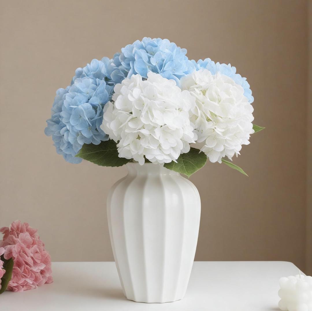 WILD WORKS 4 Pcs 21" Hydrangea Artificial Flowers, Blue and White Latex Real Touch Faux Hydrangeas Fake Flowers for Wedding Party Table Centerpieces Indoor Home Decorations Outdoors, Mother's Day