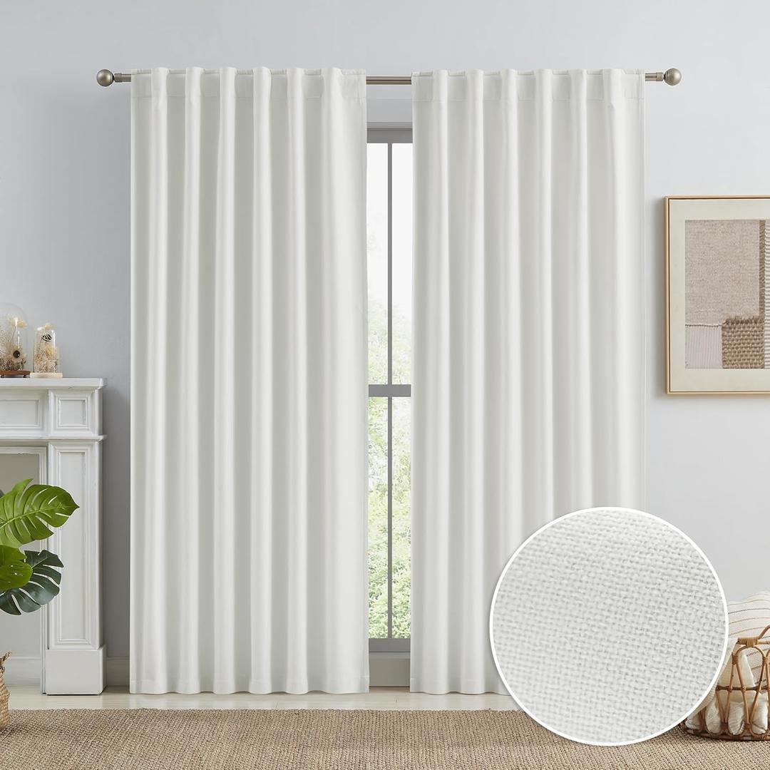 KEQIAOSUOCAI Natural Linen Look Blackout Floor to Ceiling Curtains, Full Shade 96 Inches Long Complete Drapes for Living Room Back Tab Hook Belt (Cream/Ivory Beige, 50W x 96L 8 FT Tall, 2 PCs)